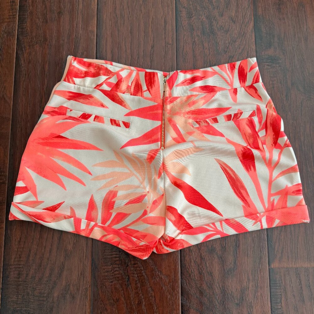 Coral and Cream Tropical Print High-Waisted Shorts